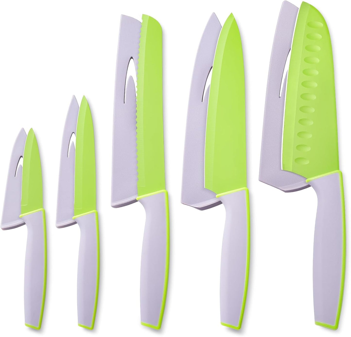 10Pcs Kitchen Knife Set with Blade Guards Ceramic Nonstick Coating Chef Knife Bread Knife Santoku Knife Utility Knife Paring Knife Sharp for Meat Cutting Home Cooking