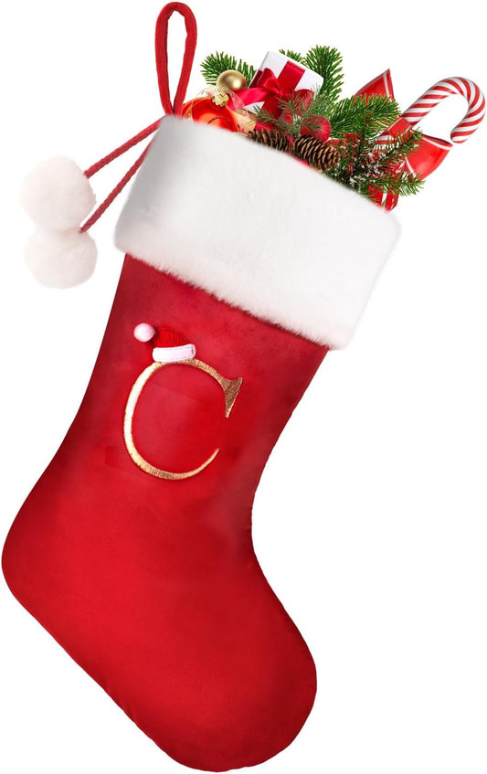 20 Inches Letter C Monogram Embroidered Christmas Stocking,Personalized Christmas Stockings Super Soft Plush Cuff with Deluxe Red Velvet Body for Xmas Decoration and Holiday Party - (color: Letter C, size: Red Velvet)