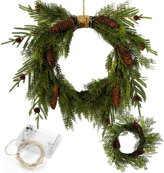 2-Pack 24in Artificial Christmas Wreaths for Front Door Green Pine Needle Pine Cone Christmas Wreath with Lights Christmas Decoration Holiday Window Wedding Decor Wreath - (color: Green)