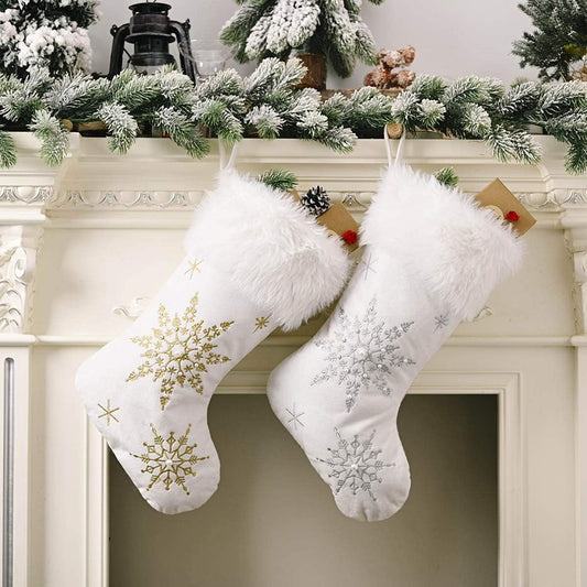 2 Pack White Christmas Stockings, 20 Inch Gold and Silver Embroidery Snowflake Stockings with Faux Fur Cuff for Fireplace Hanging Tree Ornaments Christmas Decoration