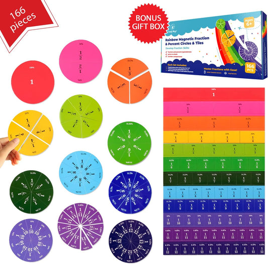 166 PCS Magnetic Fraction Tiles & Fraction Circles with Percentages - Math Manipulatives for Elementary School, Fraction & Percent Strips & Bars, Fraction Manipulatives Class Set, Homeschool Supplies - ()