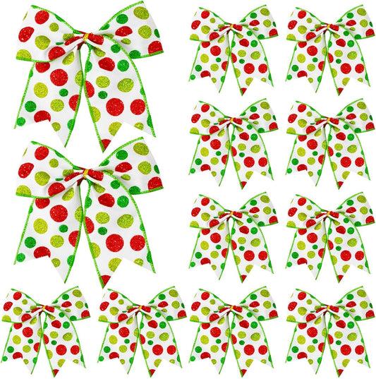 12 Pcs Red Green Christmas Bows,6 Inch Large Christmas Wreaths Bows for Tree Gift Wrapping Garland,Christmas Decoration Holiday Party Crafts Xmas Tree Ribbon Ornaments (Glitter dot-Green) - (color: White)