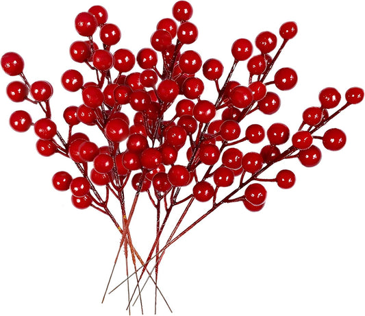 24 pcs Christmas Berries Stems Artificial Red Berry Stems for Christmas Tree Ornaments Crafts Holiday and Home Decor (Red) - (color: Red)