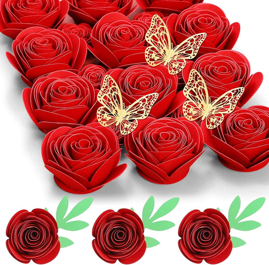 18 Pcs Small Paper Flowers Rose for Crafts, Graduation Cap, Shadow Box Decoration (Red) - (color: 03- Red)